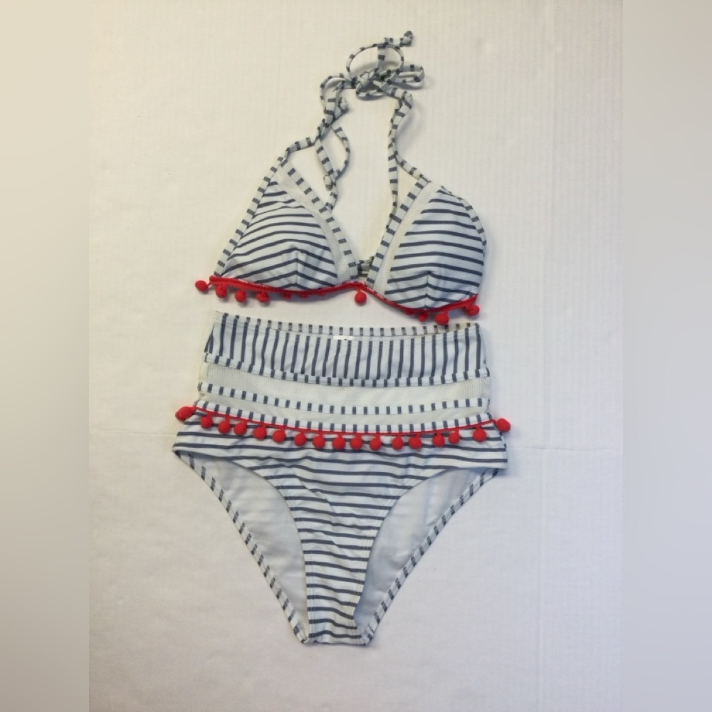 Cocoshipโ Womenโs Mesh Striped High Waisted Tassel Trim Top Halter Straps Size 6
